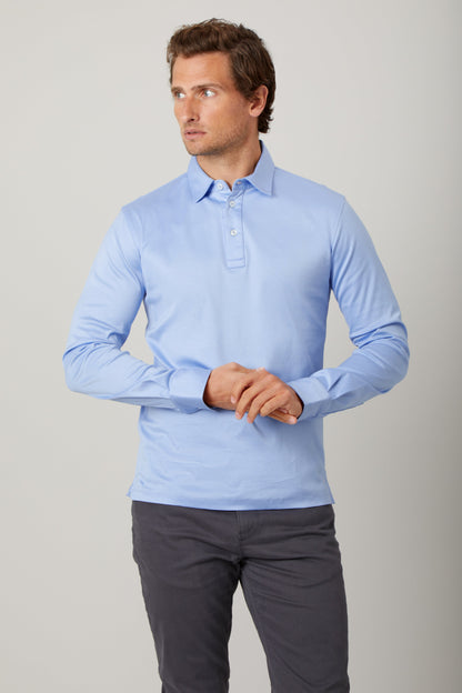 Cadiz Blue Long Sleeve Polo Shirt in Egyptian Cotton