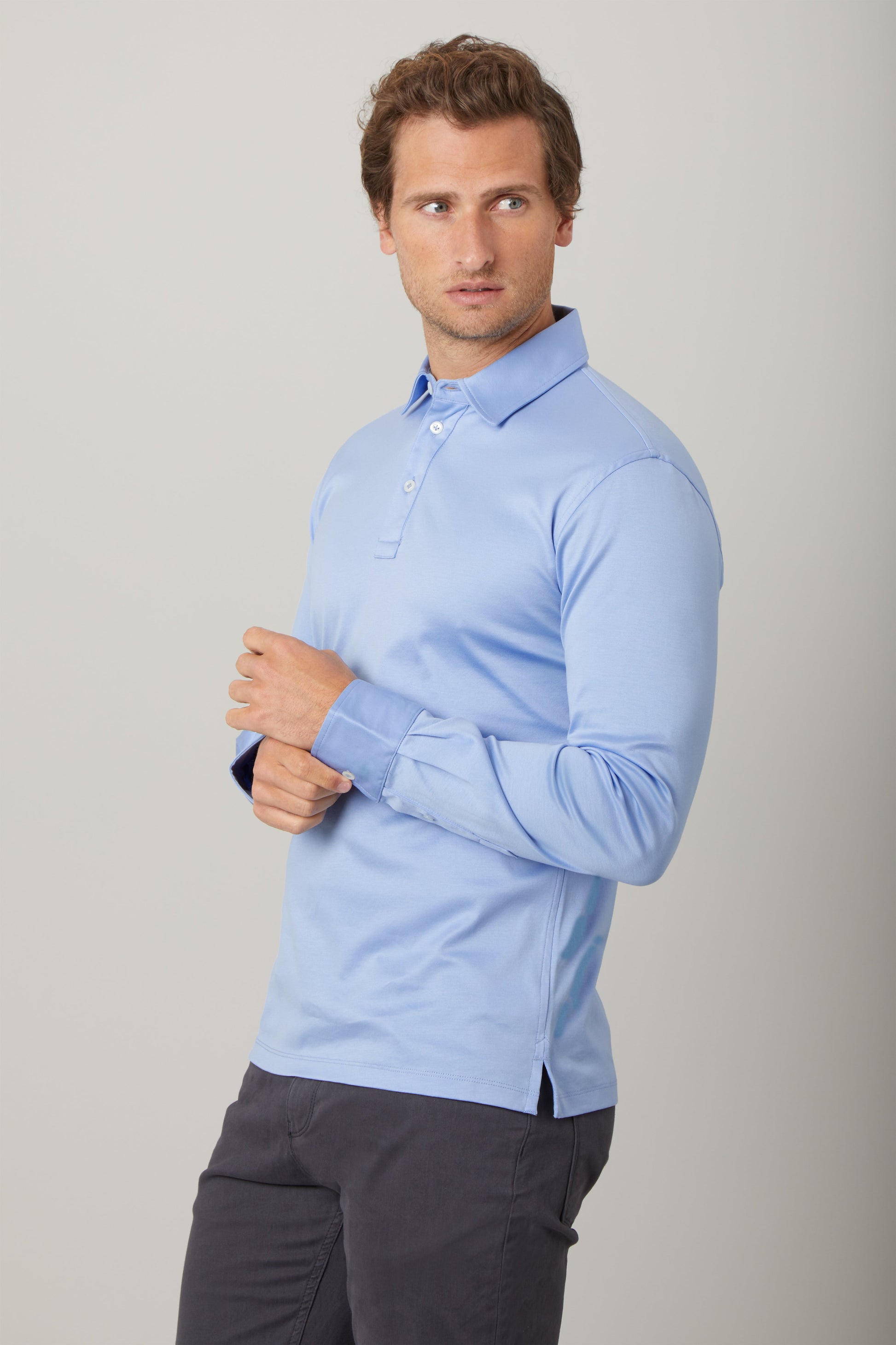 Cadiz Blue Long Sleeve Polo Shirt in Egyptian Cotton