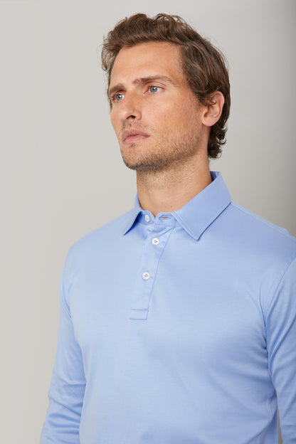 Cadiz Blue Long Sleeve Polo Shirt in Egyptian Cotton