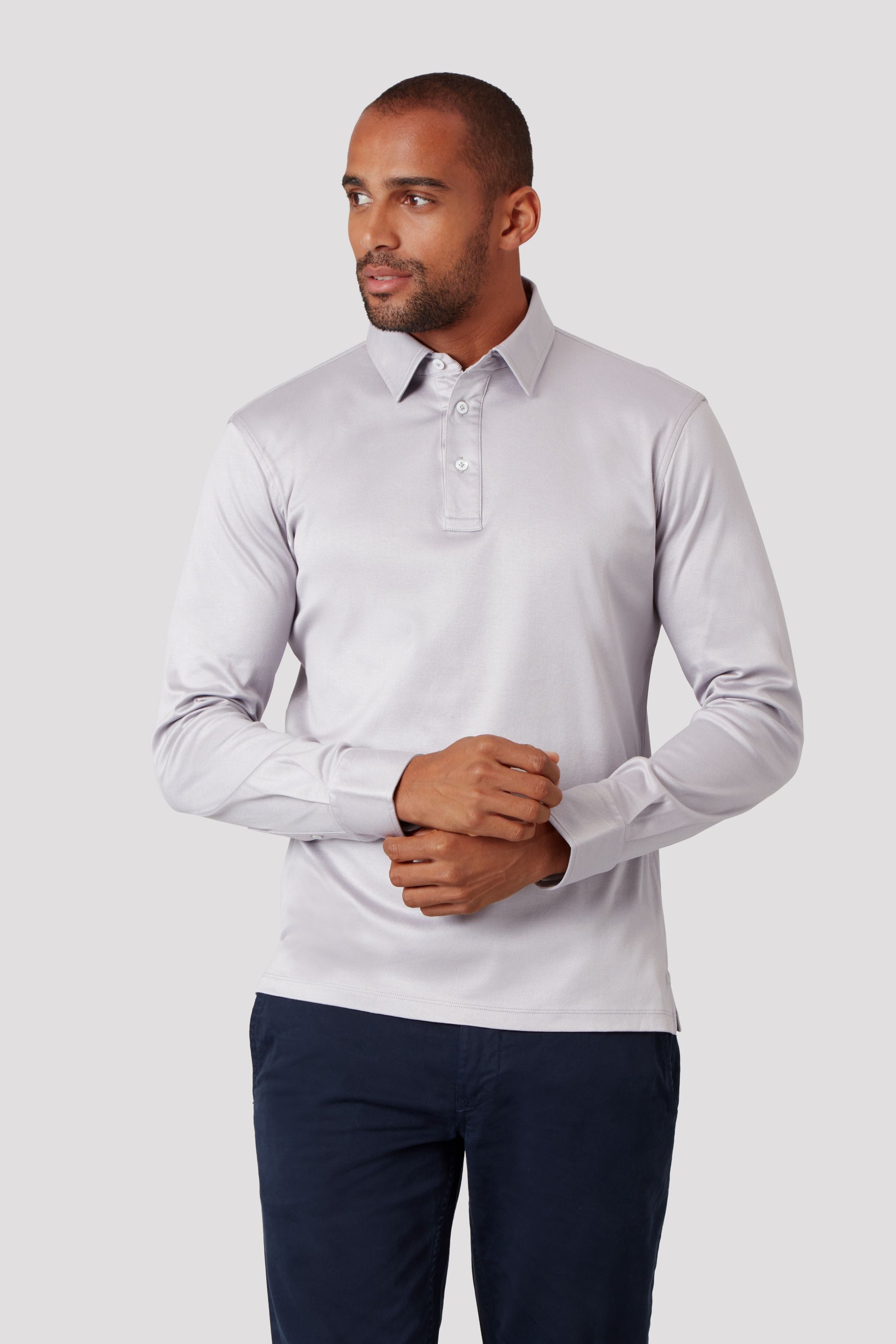 Carrara Grey Long Sleeve Polo Shirt in Egyptian Cotton