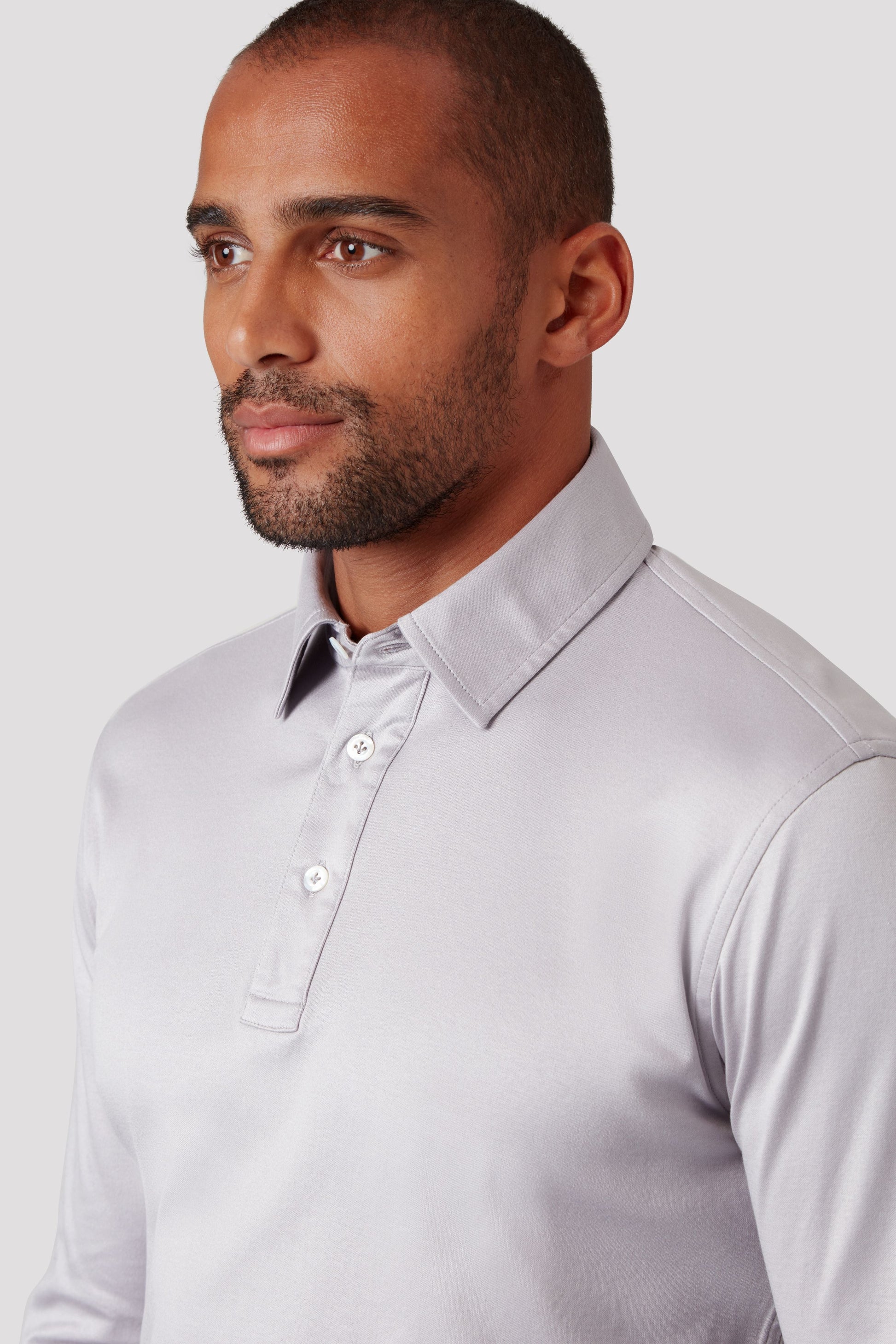 Carrara Grey Long Sleeve Polo Shirt in Egyptian Cotton