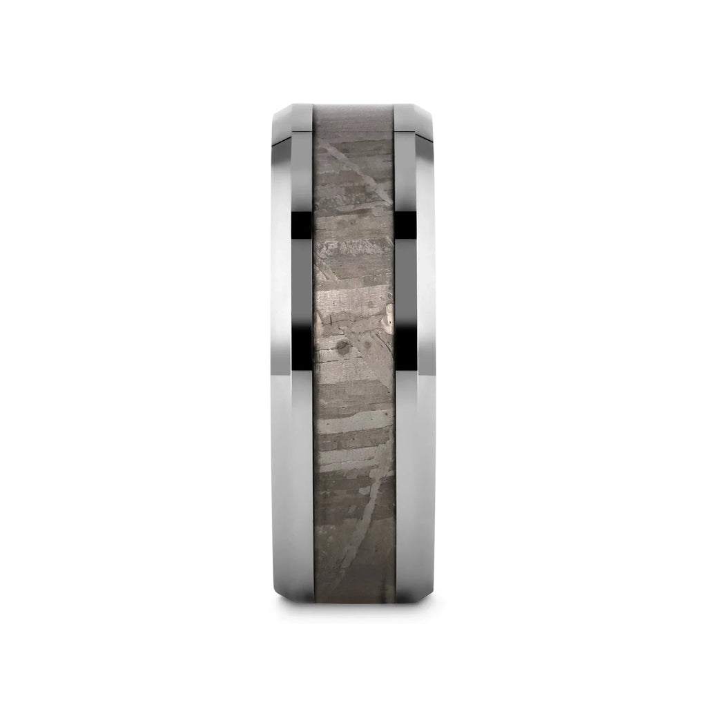 CELESTIAL Flat Tungsten Carbide Ring with Beveled Edges and Meteorite Inlay Thorsten - 8mm