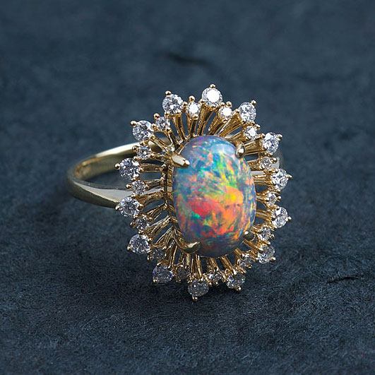 Certificated 2.26ct Play of Color Black Opal Diamond Halo Engagement Ring 18K Gold