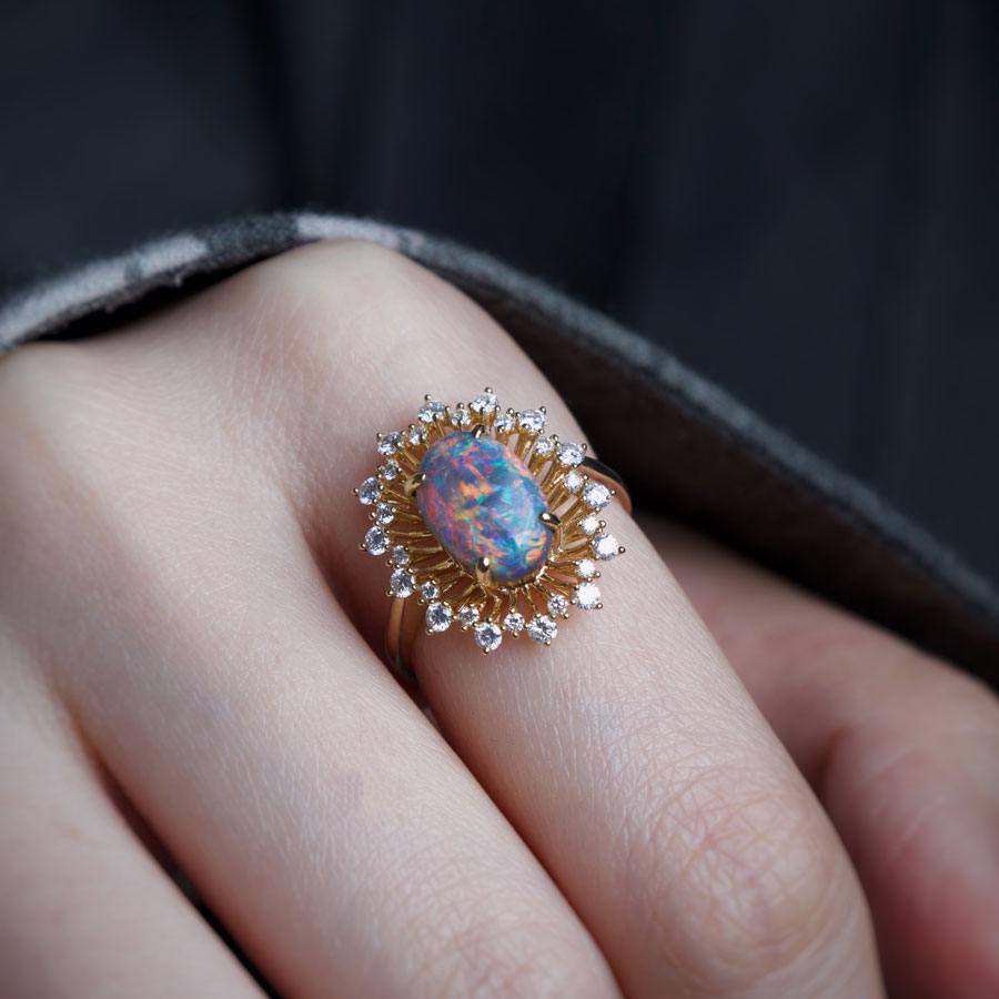 Certificated 2.26ct Play of Color Black Opal Diamond Halo Engagement Ring 18K Gold