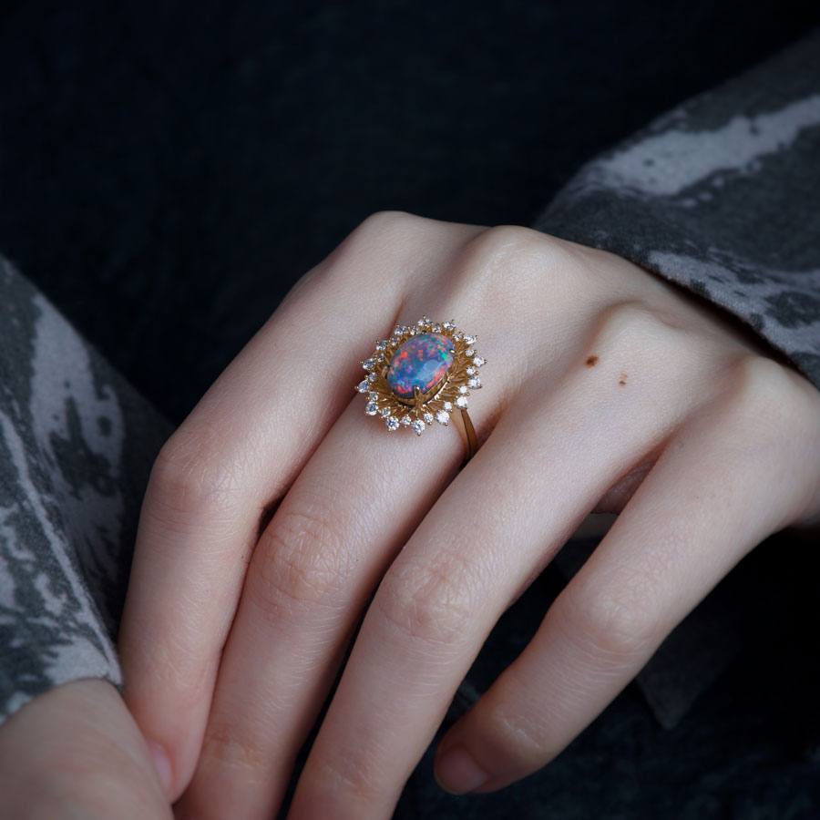 Certificated 2.26ct Play of Color Black Opal Diamond Halo Engagement Ring 18K Gold