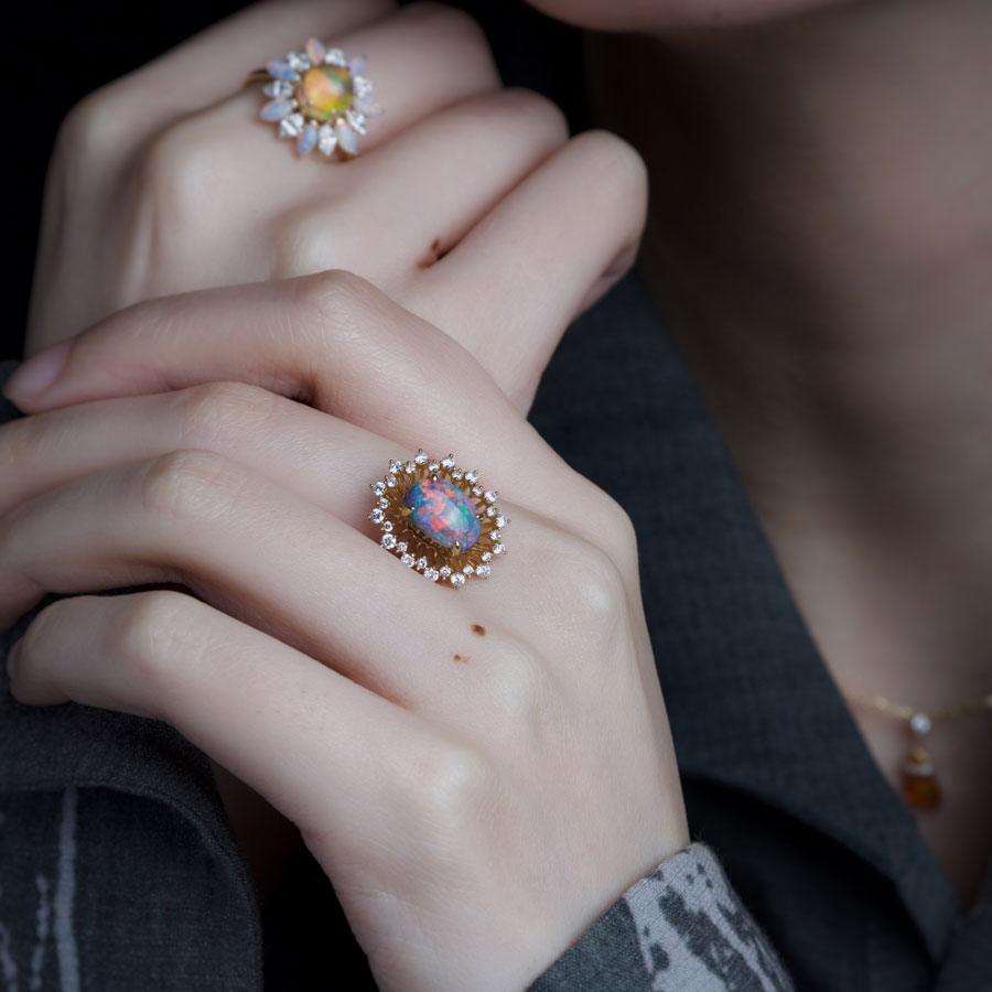 Certificated 2.26ct Play of Color Black Opal Diamond Halo Engagement Ring 18K Gold