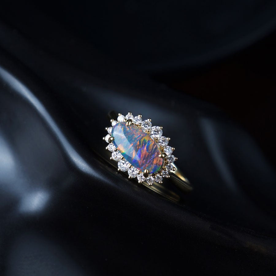 Certificated Black Opal Halo Diamond Engagement Ring 18K Gold