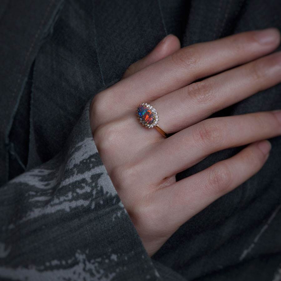 Certificated Black Opal Halo Diamond Engagement Ring 18K Gold