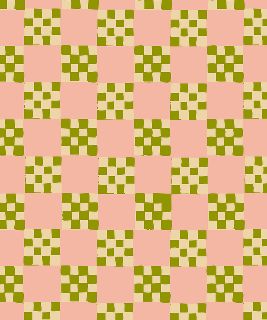 Checkered Quilt Wallpaper, pink, olive green and light beige