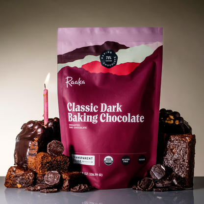 Classic Dark Baking Chocolate with chocolate cake - Raaka Chocolate