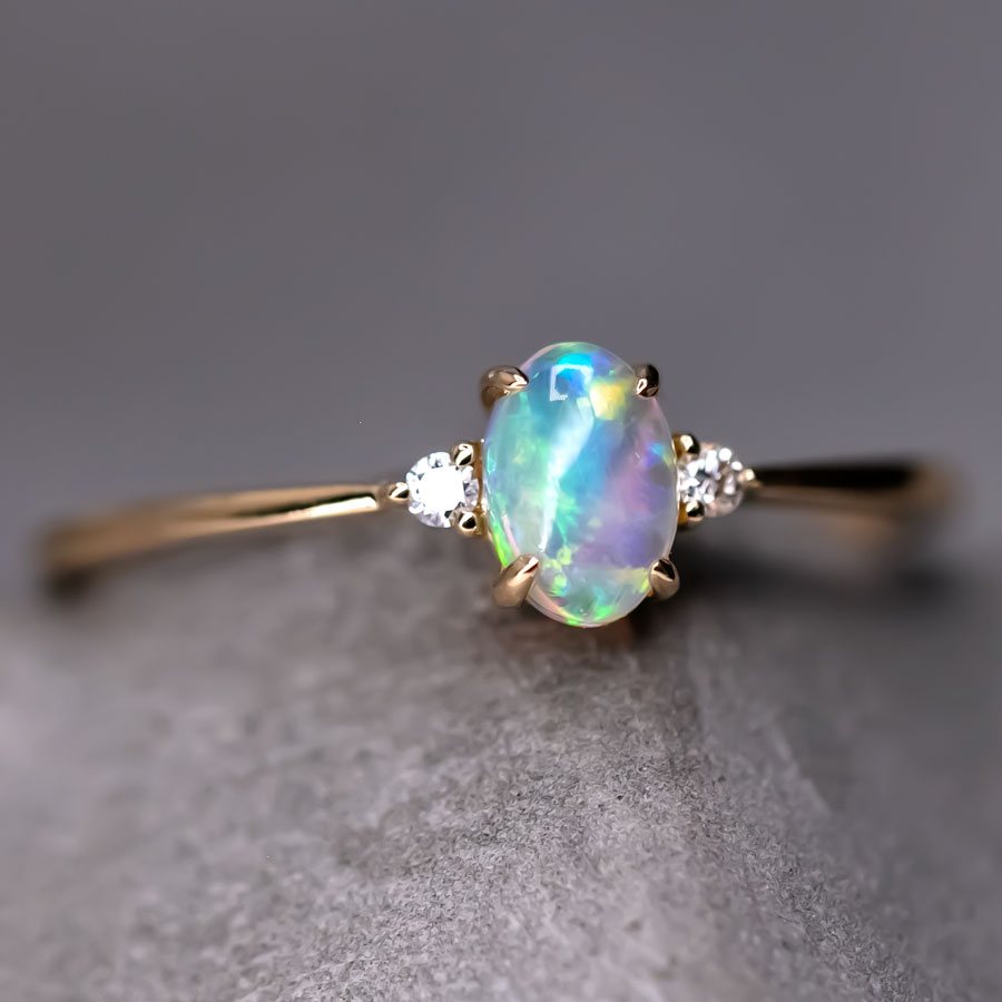 Classic Design Oval Solid Opal Diamond Engagement Ring 14K Yellow Gold