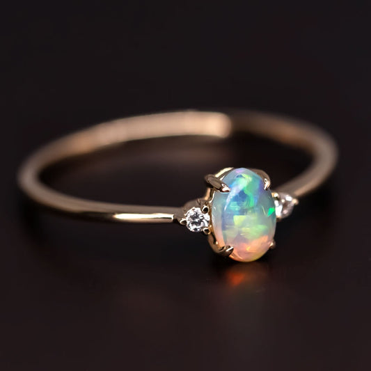 Classic Design Oval Solid Opal Diamond Engagement Ring 14K Yellow Gold