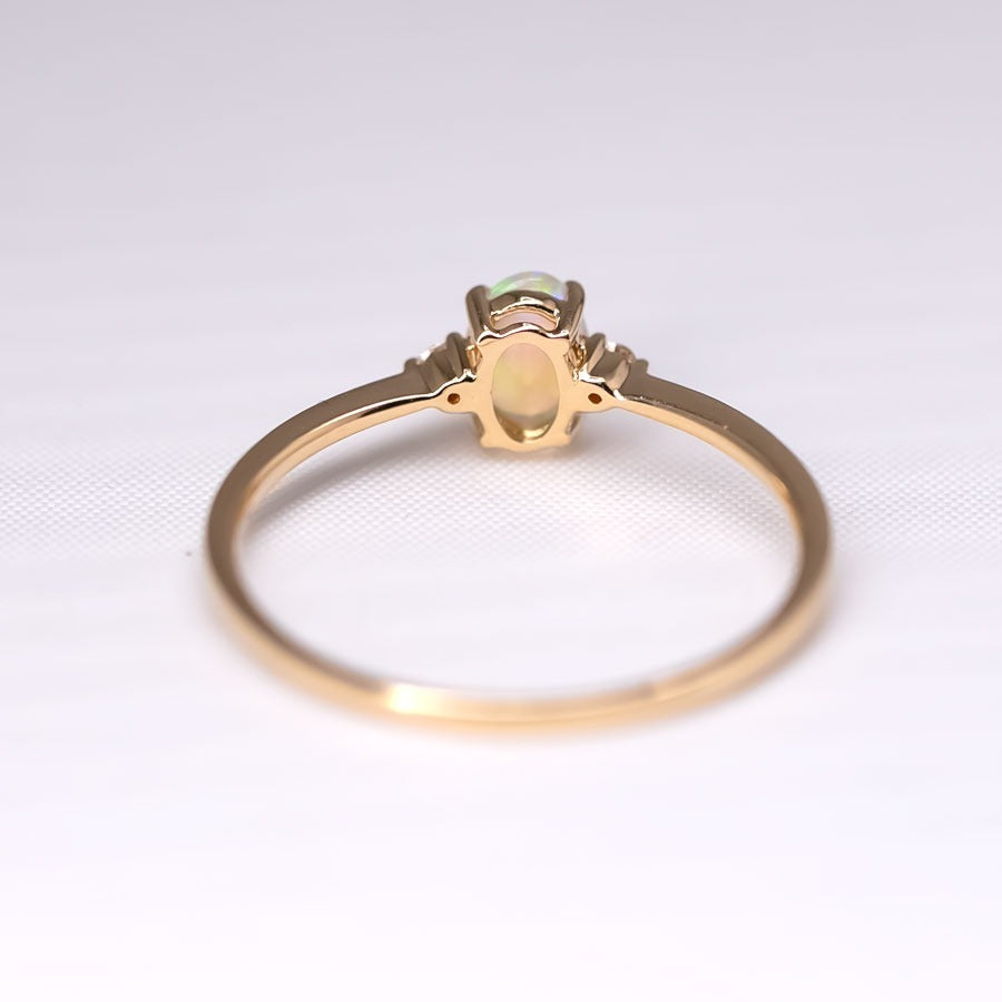 Classic Design Oval Solid Opal Diamond Engagement Ring 14K Yellow Gold