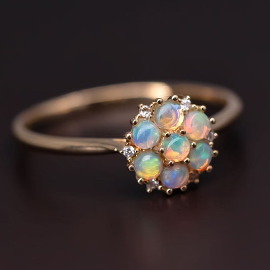 Cluster Engagement Ring Solid Opal & Diamond 18K Yellow Gold