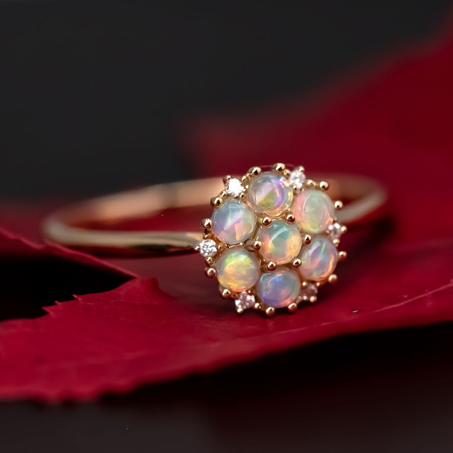 Cluster Engagement Ring Solid Opal & Diamond 18K Yellow Gold