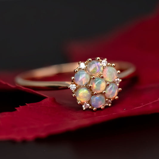 Cluster Engagement Ring Solid Opal & Diamond 18K Yellow Gold