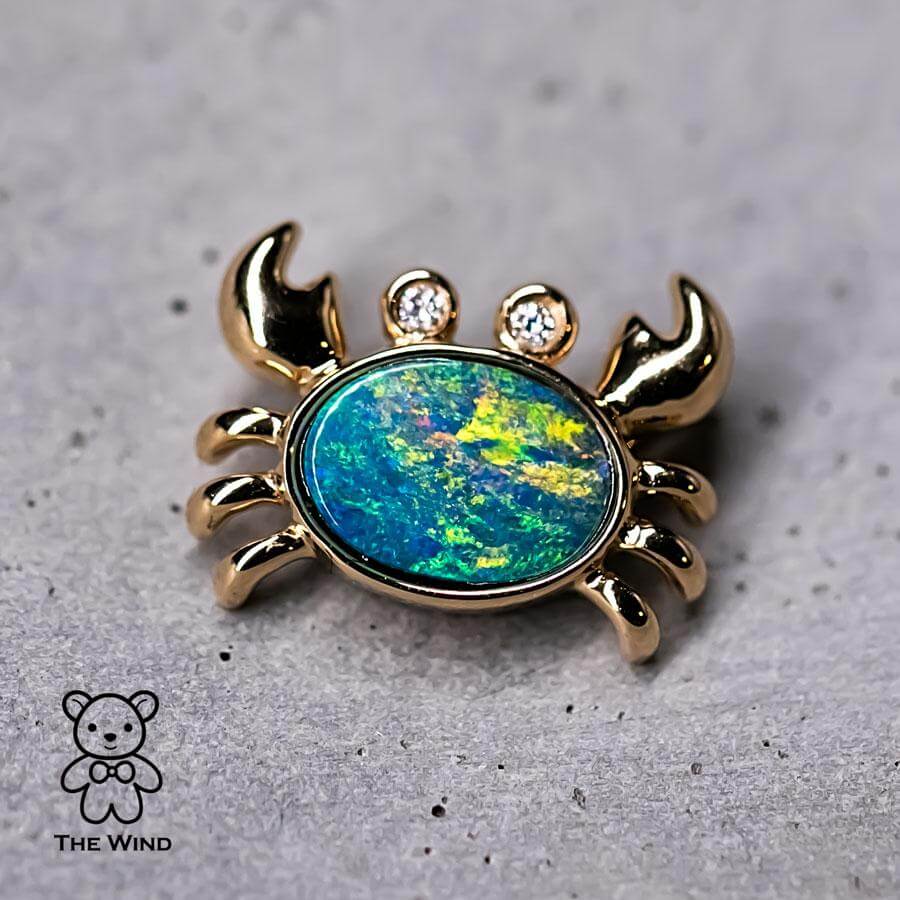 Crab Australian Opal & Diamond Eyes Pendant Necklace 14K Yellow Gold
