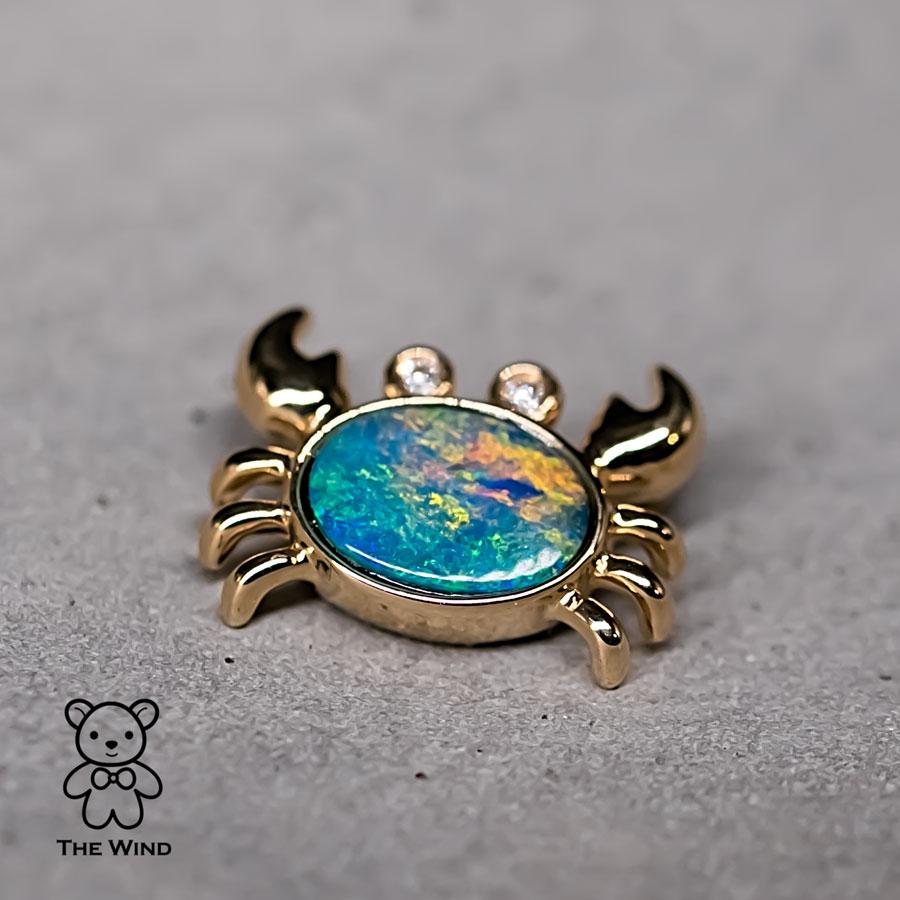 Crab Australian Opal & Diamond Eyes Pendant Necklace 14K Yellow Gold