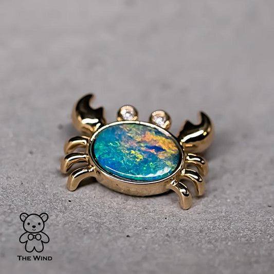 Crab Australian Opal & Diamond Eyes Pendant Necklace 14K Yellow Gold