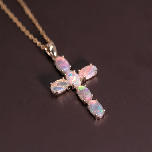 Cross Pendant Australian Solid Opal Necklace 14K Yellow Gold