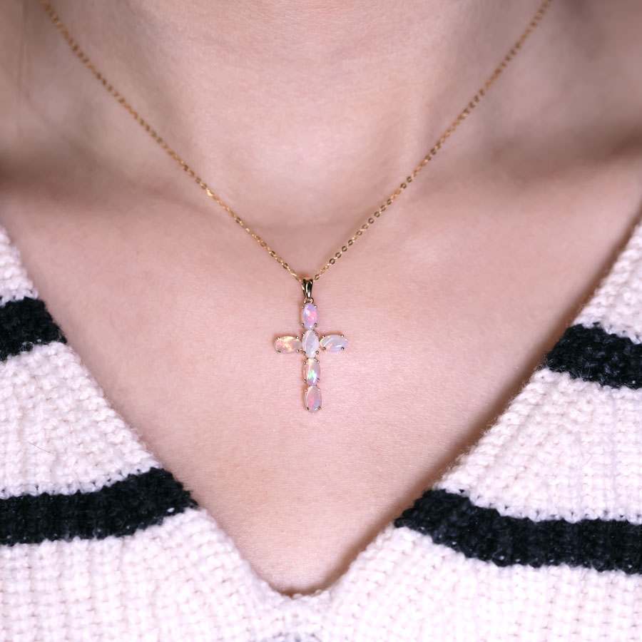Cross Pendant Australian Solid Opal Necklace 14K Yellow Gold