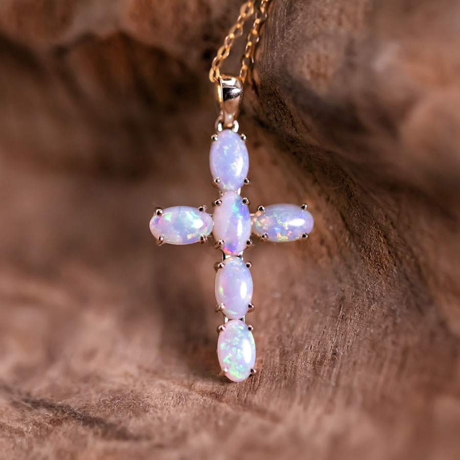 Cross Pendant Australian Solid Opal Necklace 14K Yellow Gold