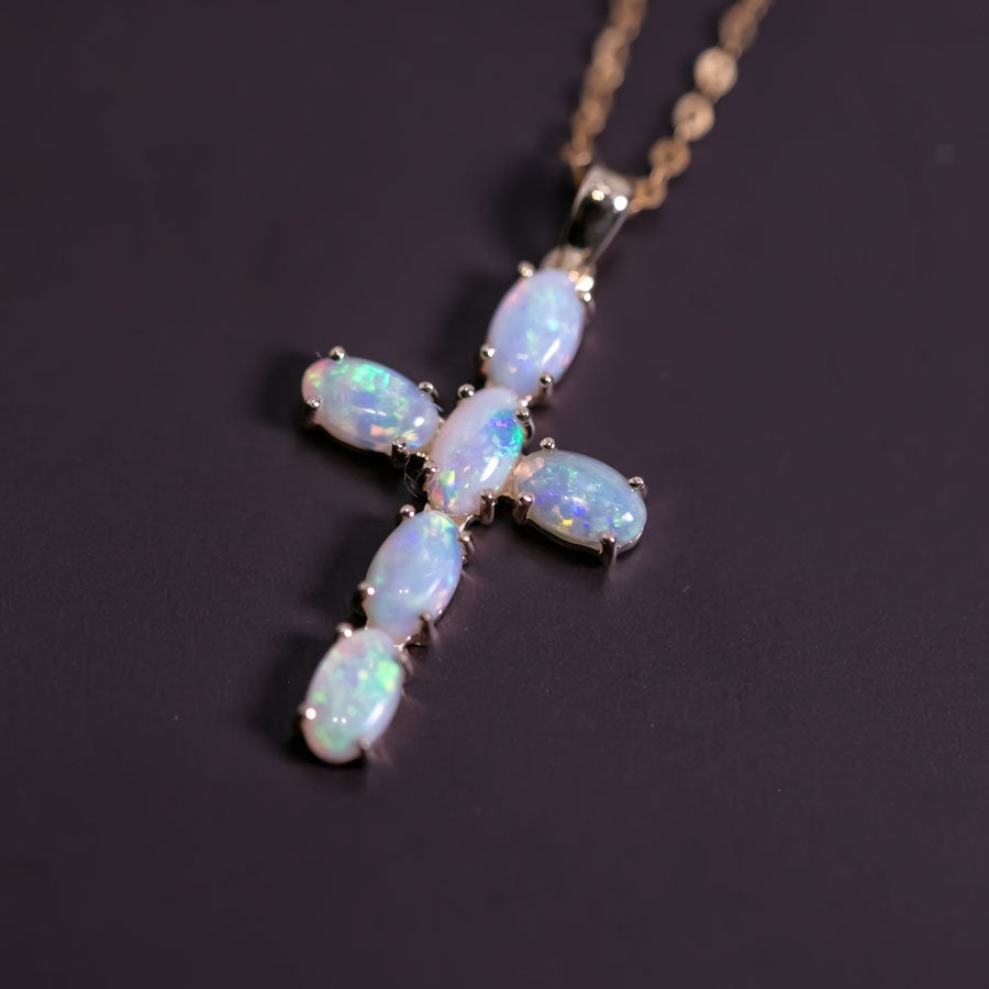 Cross Pendant Australian Solid Opal Necklace 14K Yellow Gold