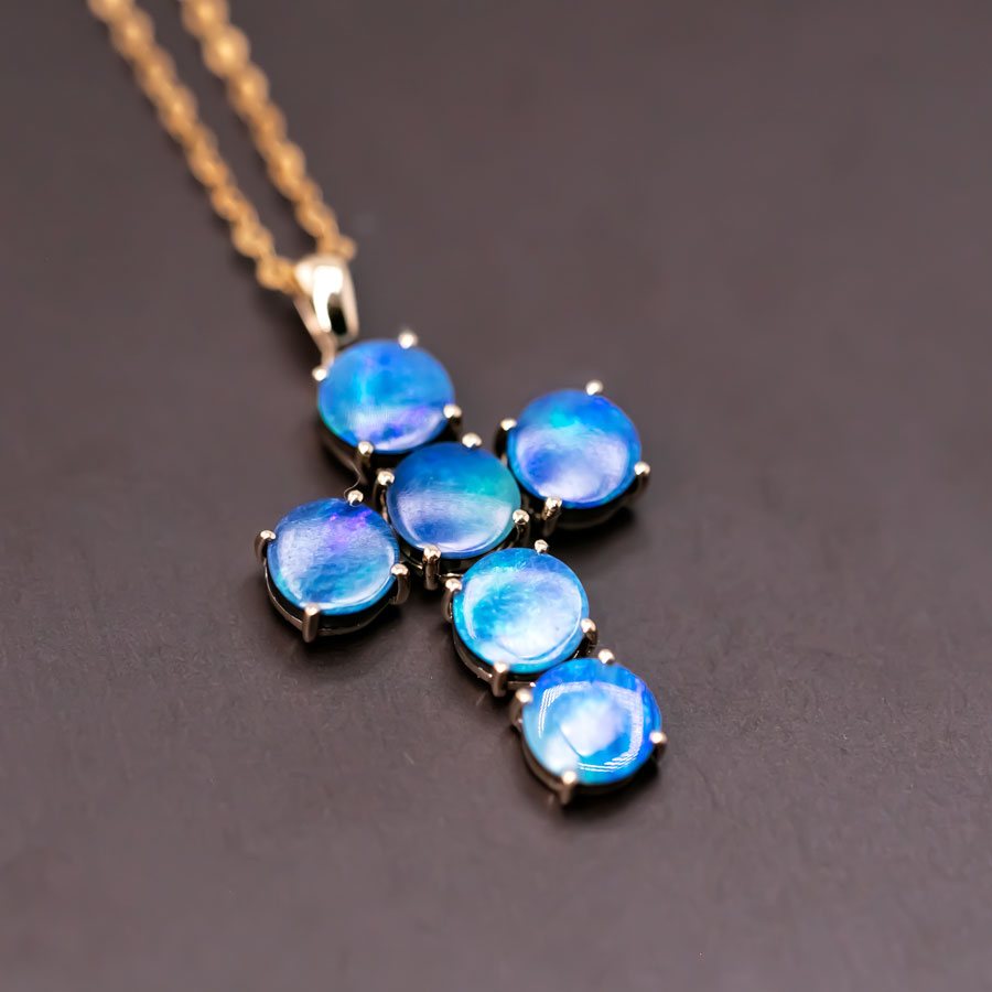 Cross Pendant Australian Doublet Opal Necklace 14K Yellow Gold