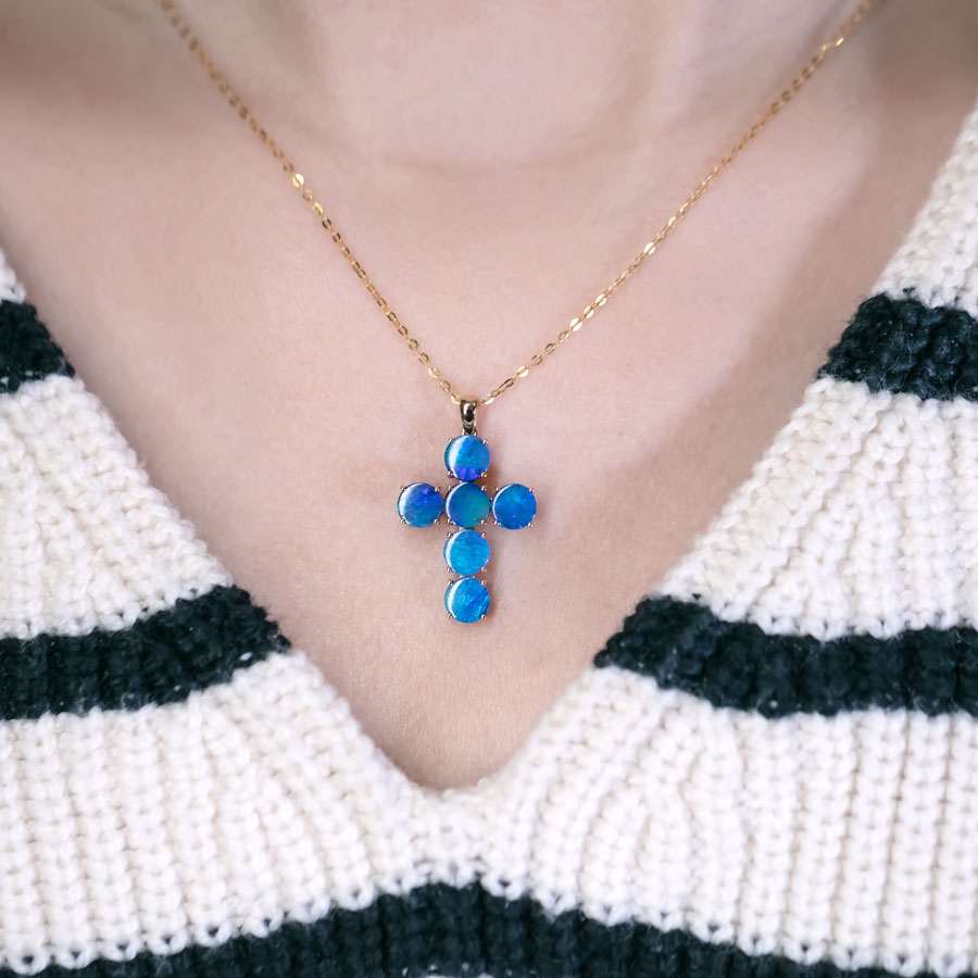 Cross Pendant Australian Doublet Opal Necklace 14K Yellow Gold
