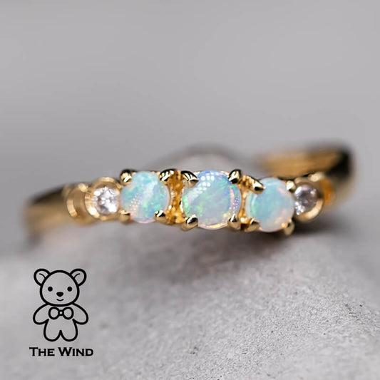 Curved Band Australian Solid Round Opal Diamond Band 14K Yellow Gold