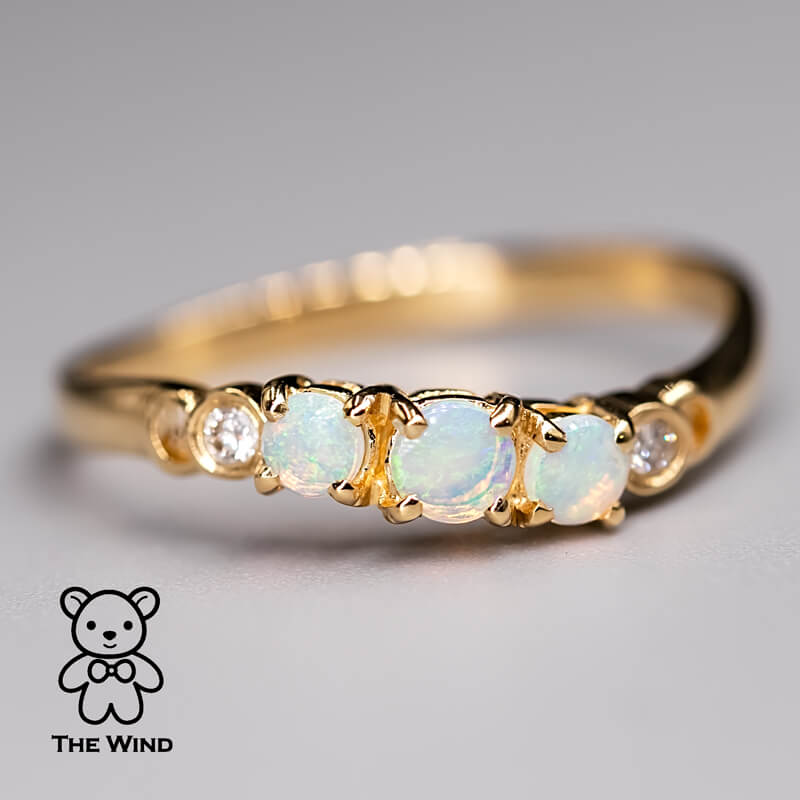 Curved Band Australian Solid Round Opal Diamond Band 14K Yellow Gold