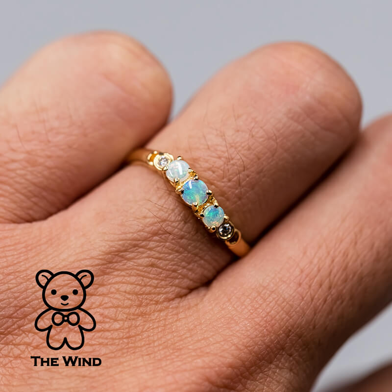 Curved Band Australian Solid Round Opal Diamond Band 14K Yellow Gold