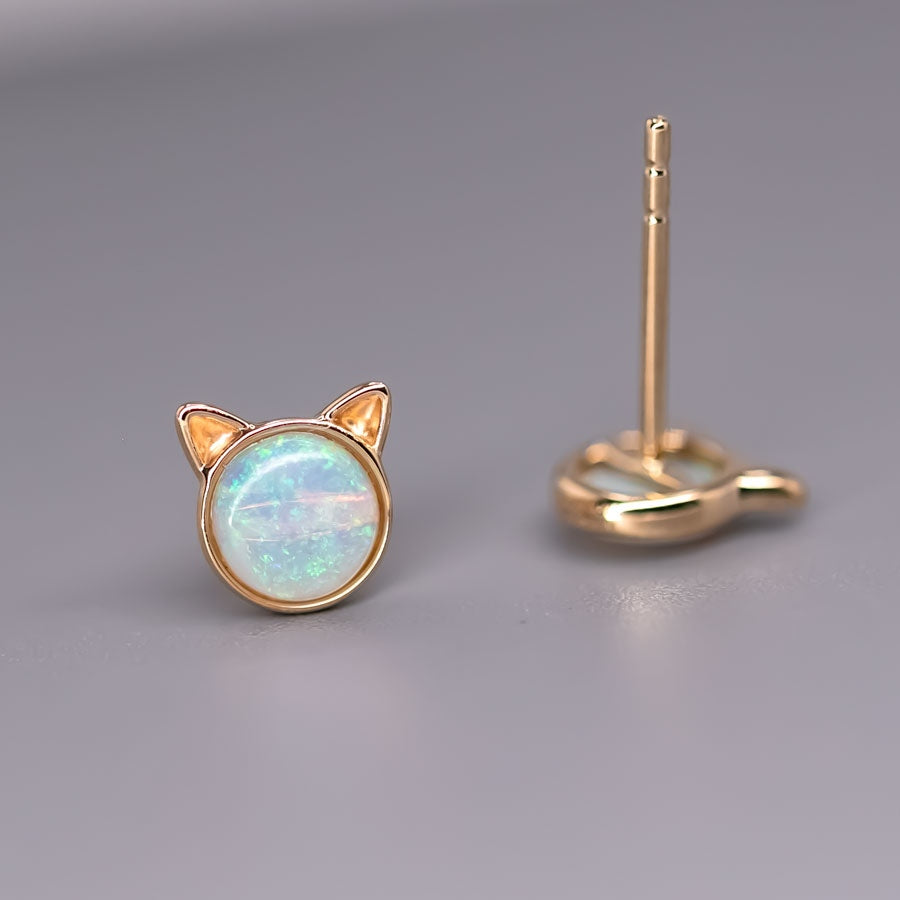Cute Kitty Cat Ears Australian Solid Opal Stud Earrings 14k Yellow Gold