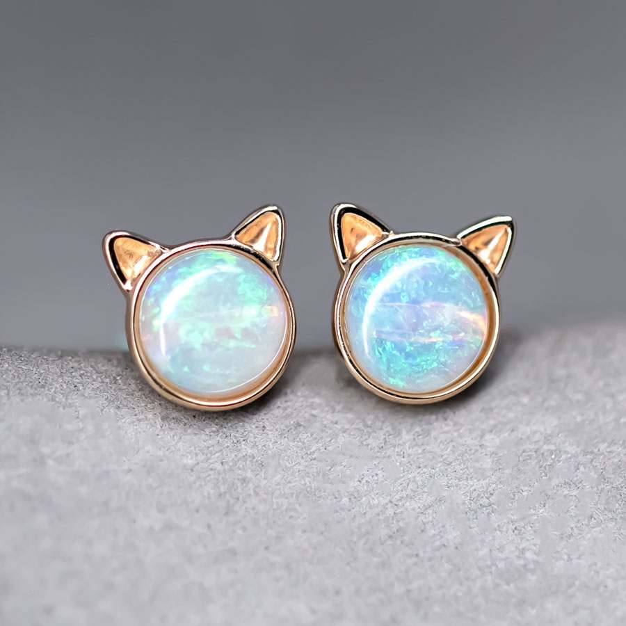 Cute Kitty Cat Ears Australian Solid Opal Stud Earrings 14k Yellow Gold