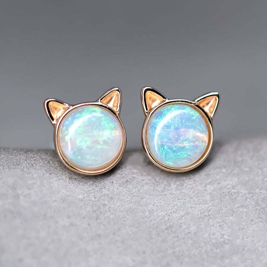 Cute Kitty Cat Ears Australian Solid Opal Stud Earrings 14k Yellow Gold