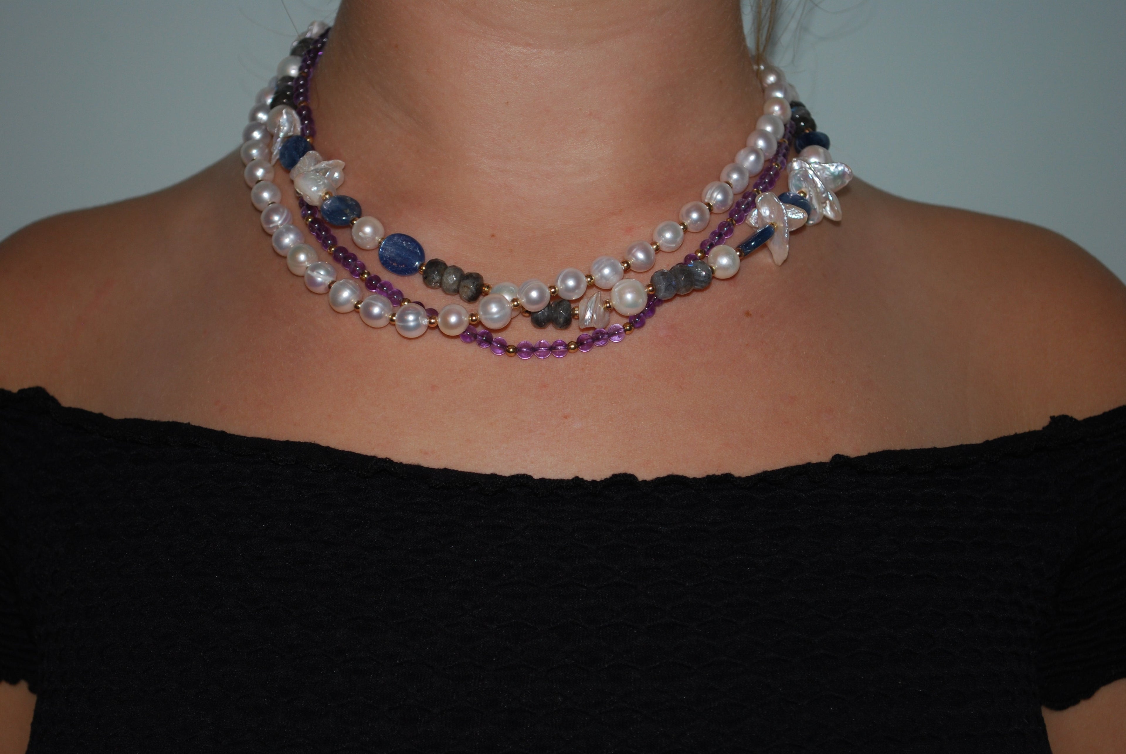 Amethyst, lapis, labradorite, and pearl necklace