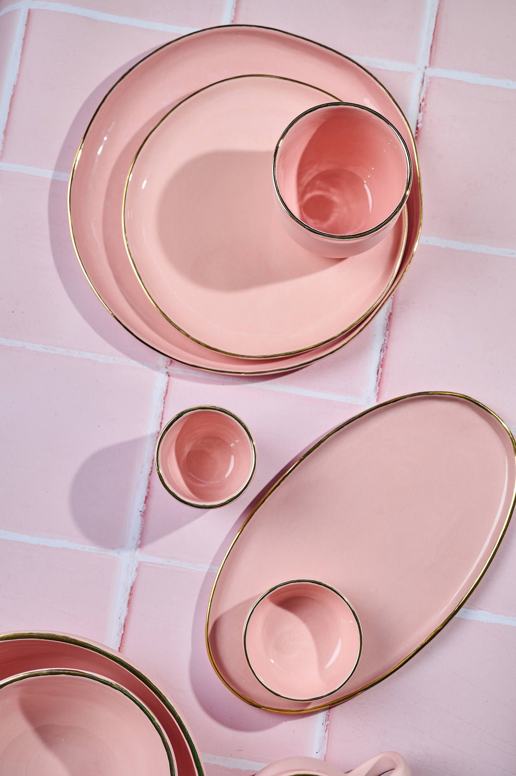 Handmade Porcelain Dinner Plates with Gold Rim. Powder Pink