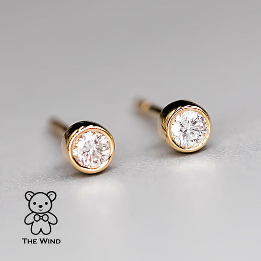 Dainty Round Brilliant Natural Diamond Bezel Stud Earrings 18K Yellow Gold