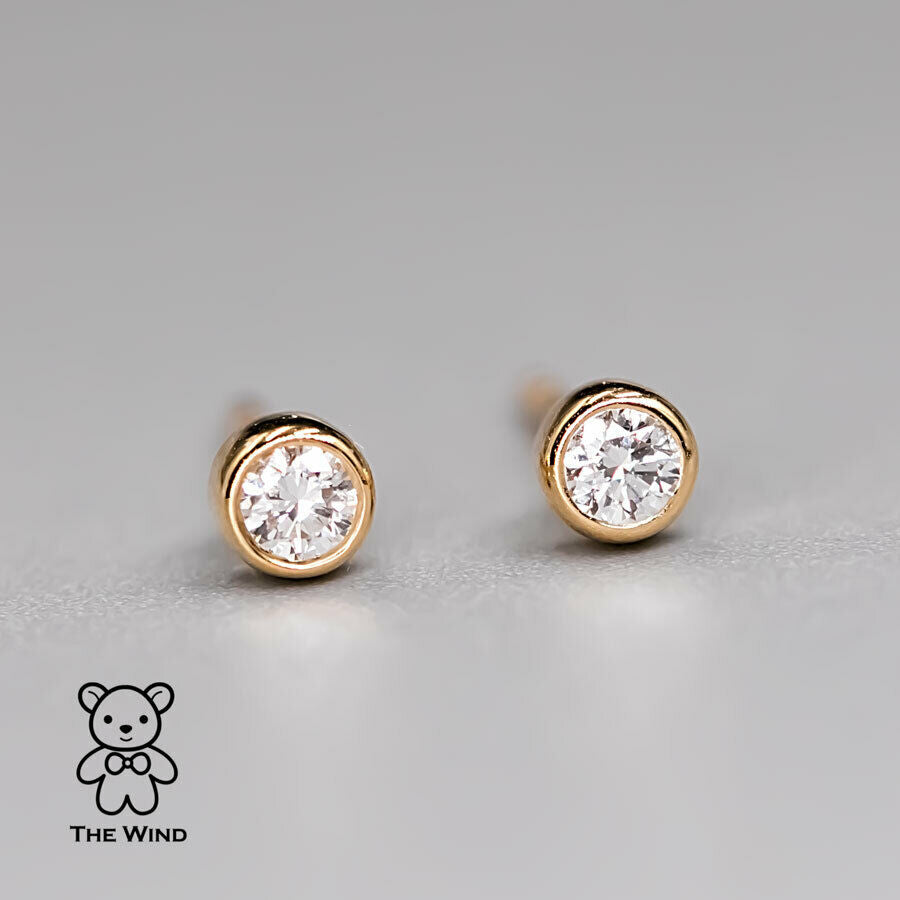 Dainty Round Brilliant Natural Diamond Bezel Stud Earrings 18K Yellow Gold