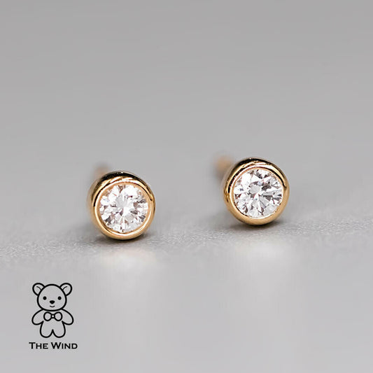 Dainty Round Brilliant Natural Diamond Bezel Stud Earrings 18K Yellow Gold