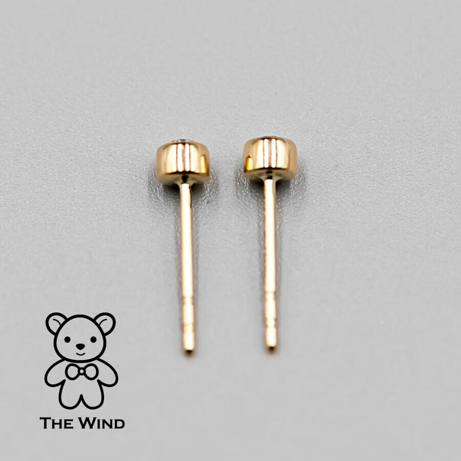 Dainty Round Brilliant Natural Diamond Bezel Stud Earrings 18K Yellow Gold