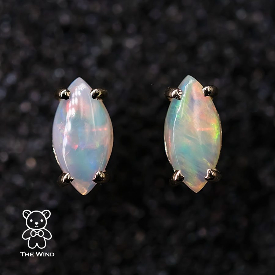 Dainty Marquise Cut Solid Opal Stud Earrings 14K Yellow Gold