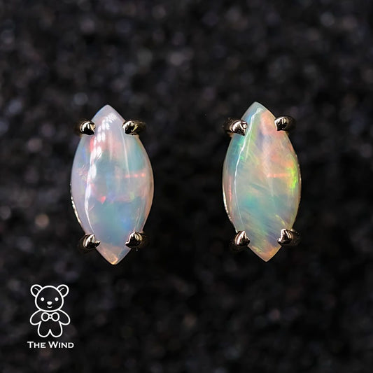 Dainty Marquise Cut Solid Opal Stud Earrings 14K Yellow Gold