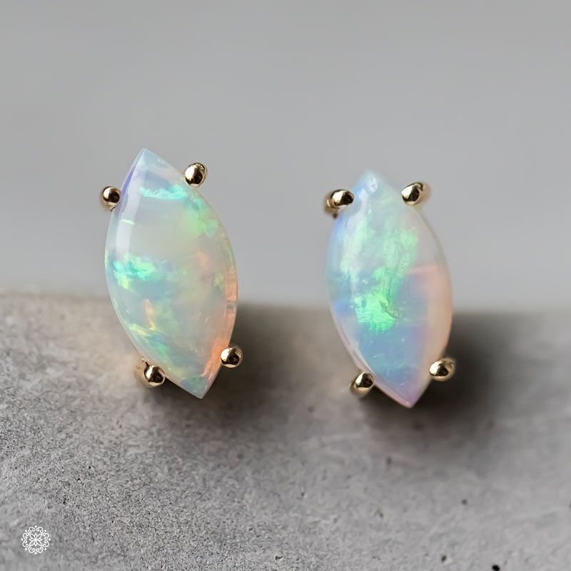 Dainty Marquise Cut Solid Opal Stud Earrings 14K Yellow Gold