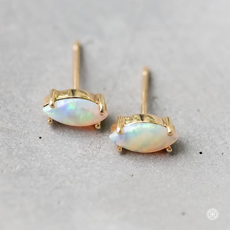 Dainty Marquise Cut Solid Opal Stud Earrings 14K Yellow Gold