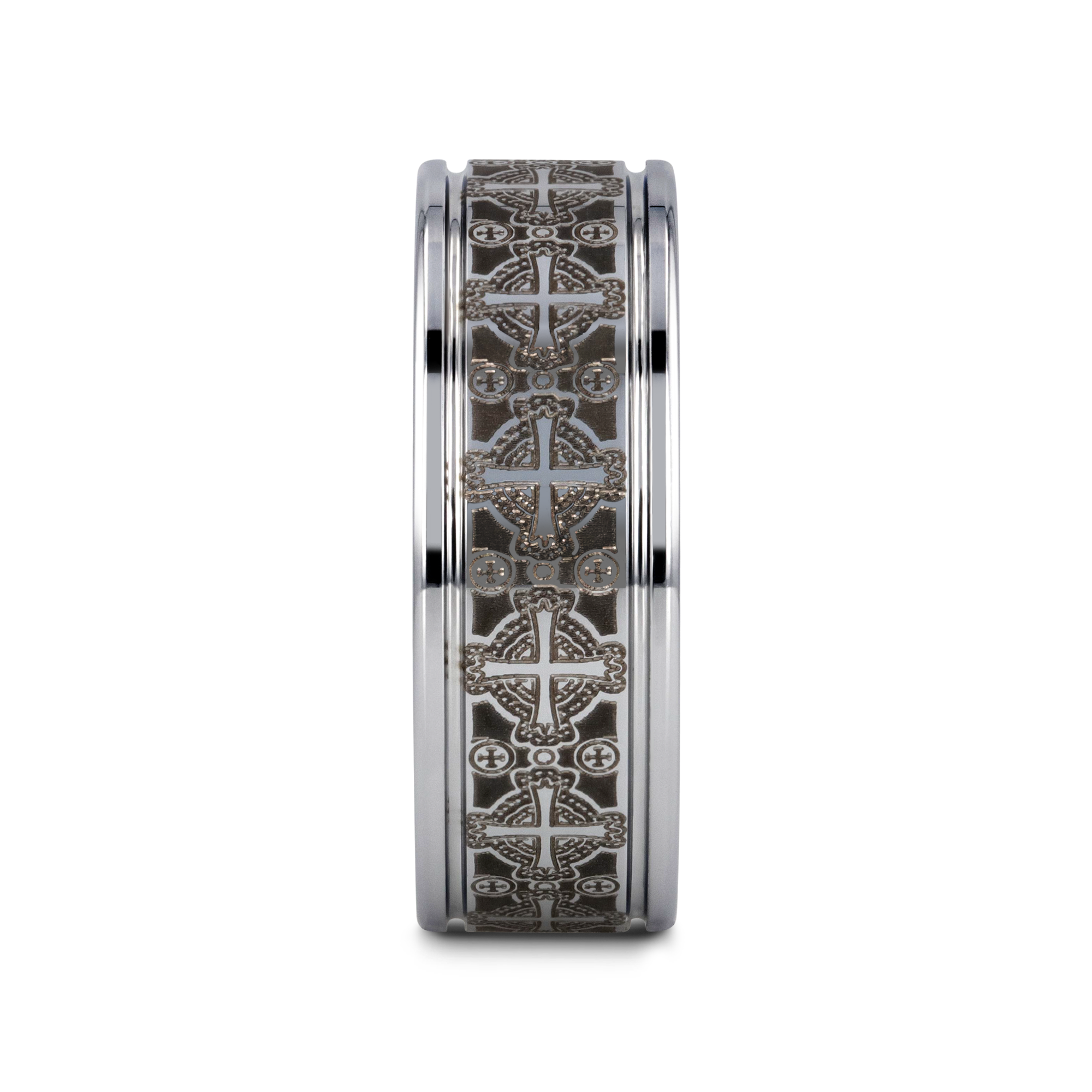 DEACON Flat Tungsten Ring Laser Engraved Celtic Crosses - 8mm