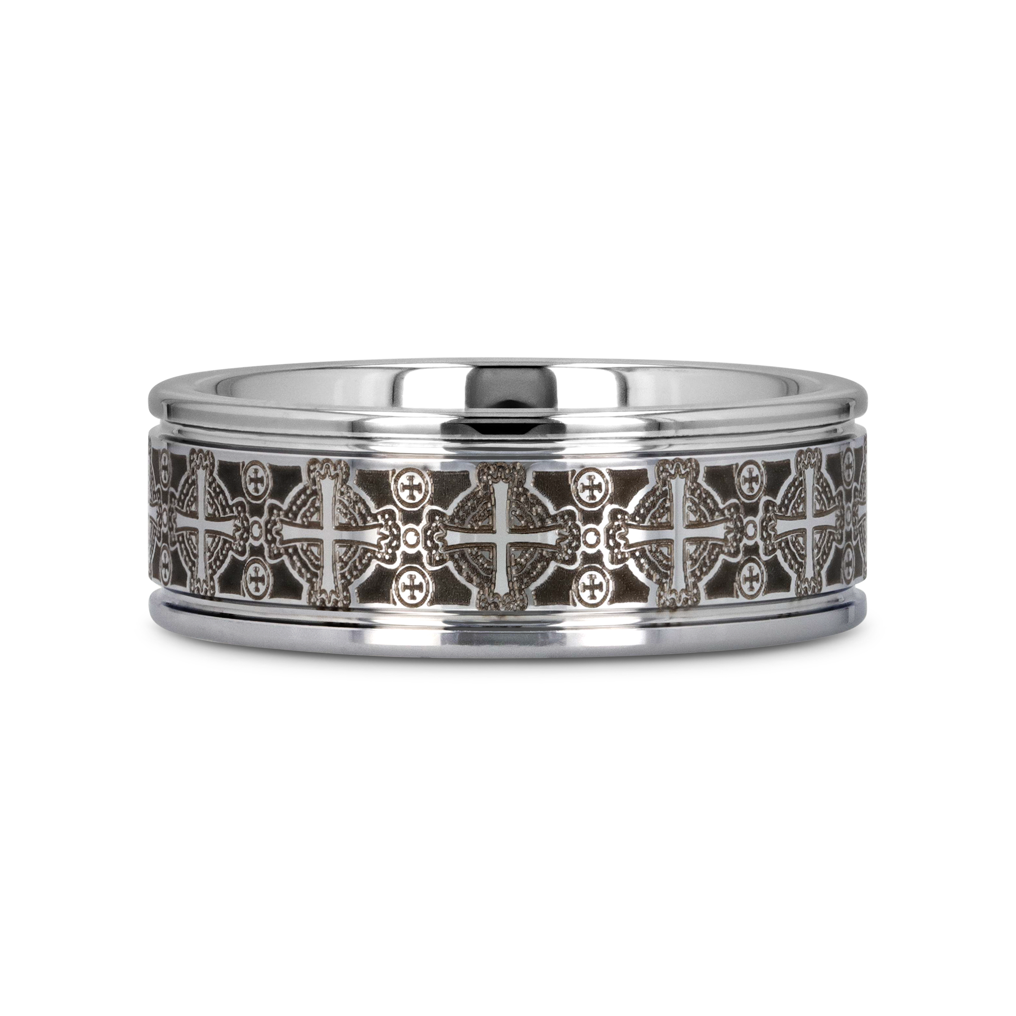 DEACON Flat Tungsten Ring Laser Engraved Celtic Crosses - 8mm