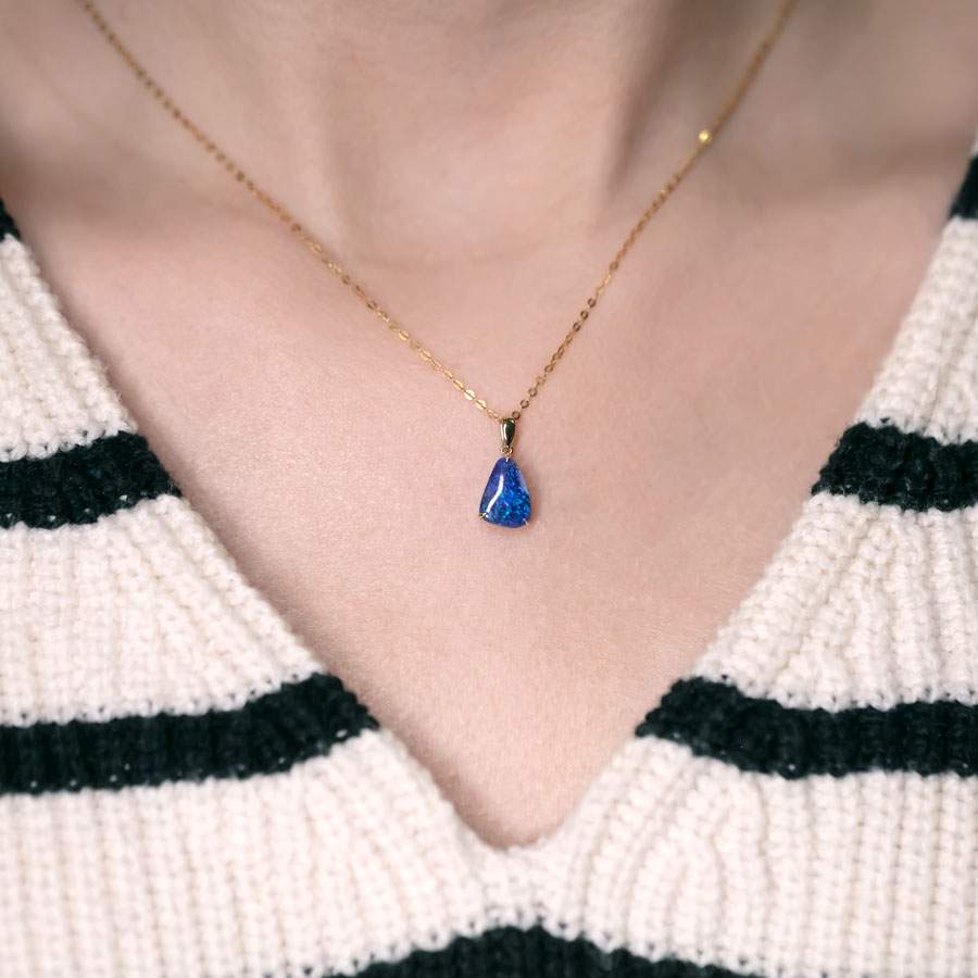 Deep Blue Australian Black Opal Pendant Necklace 18K Yellow Gold