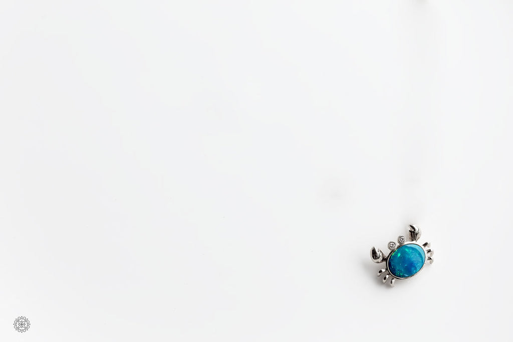 Crab Australian Opal & Diamond Eyes Pendant Necklace 14K Yellow Gold