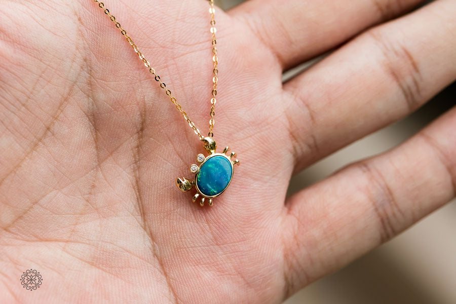 Crab Australian Opal & Diamond Eyes Pendant Necklace 14K Yellow Gold